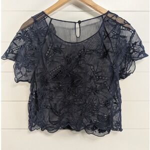 Vanessa Virginia Anthropologie Womens Floral Sheer Lace Crop Top S Blue Romantic